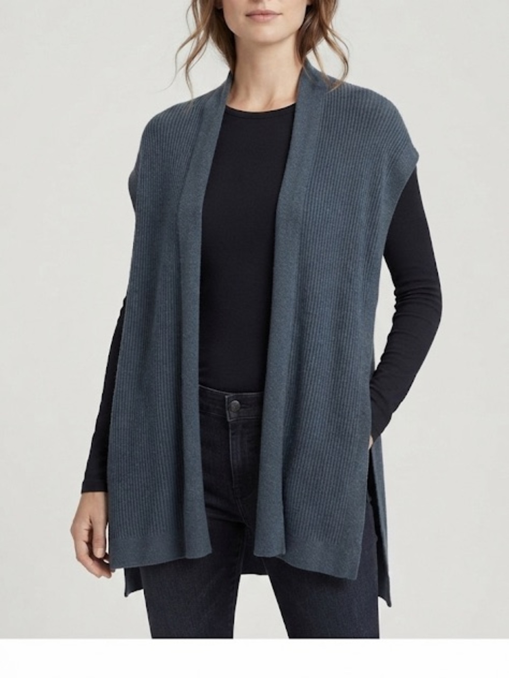 Eileen Fisher Tencel Lyocell Blue Grey Ribbed Long Vest Size Medium